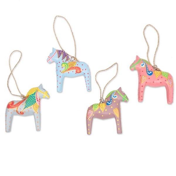 Alternate image for Set of 4 Handmade Wooden Equine Ornaments for Christmas Dala Winter