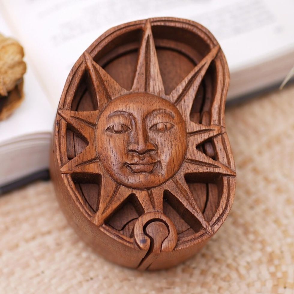 Hand Made Suar Wood Puzzle Box with Sun Motif 'Sun's Treasure'