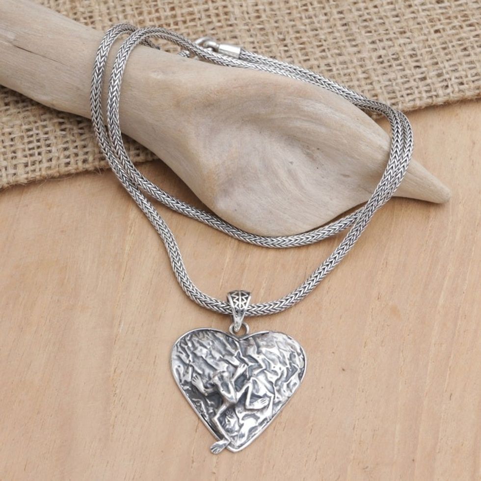 Sterling Silver Pendant Necklace with Heart and Frog 'Loving Frog'