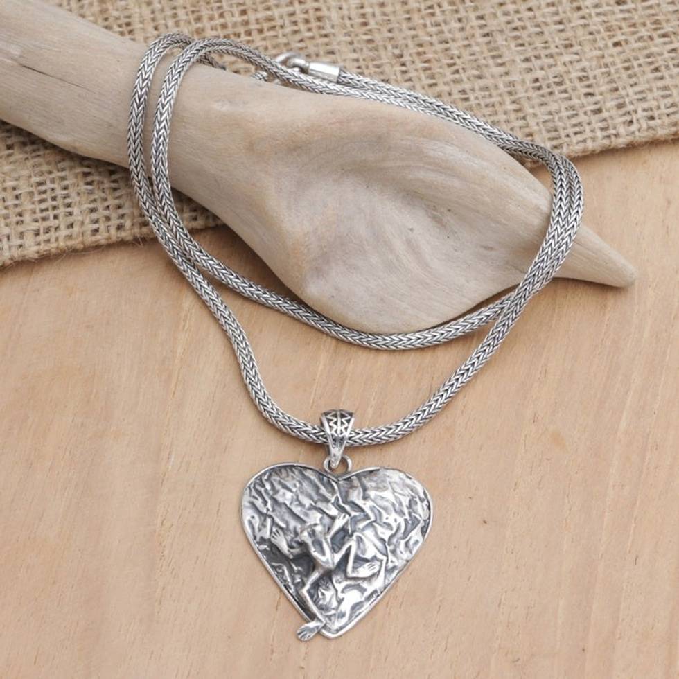 Sterling Silver Pendant Necklace with Heart and Frog 'Loving Frog'