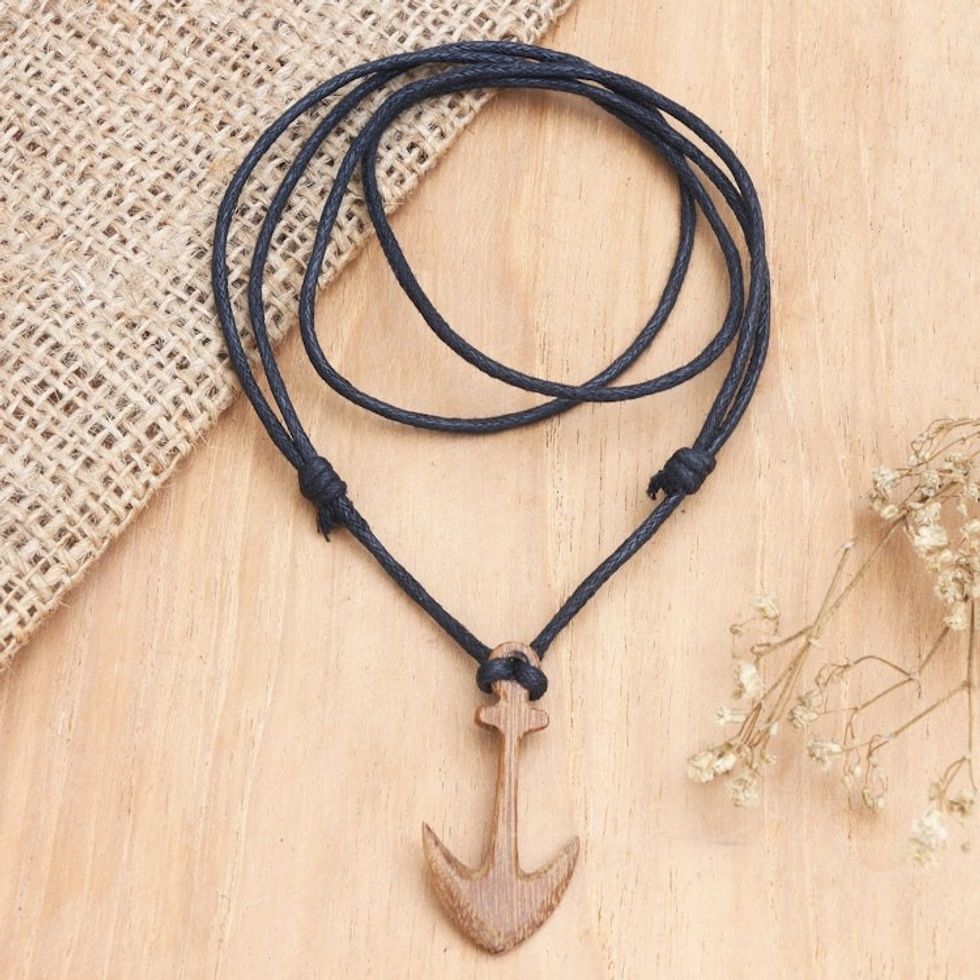 Men's Sawo Wood Anchor Pendant Necklace with Cotton Cord 'Sturdy Anchor'