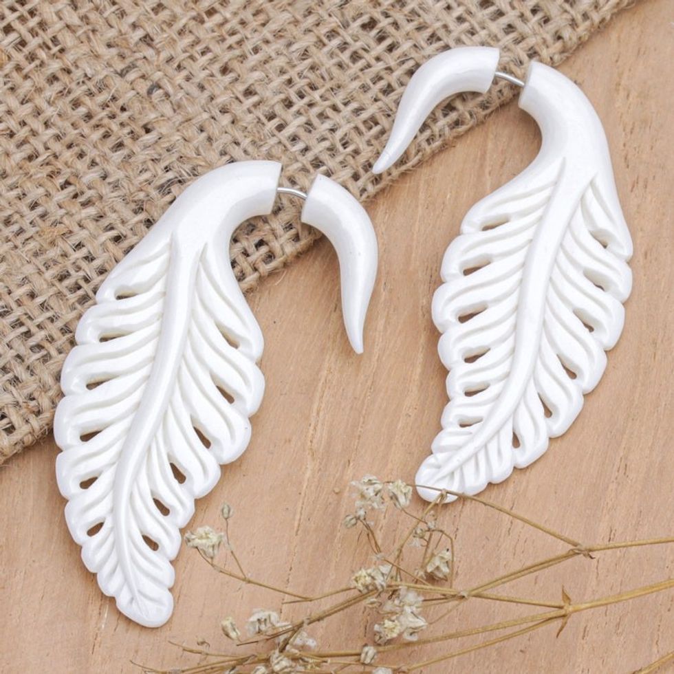 Balinese Hand-Carved Drop Earrings in Natural Color 'Heaven Feathers'