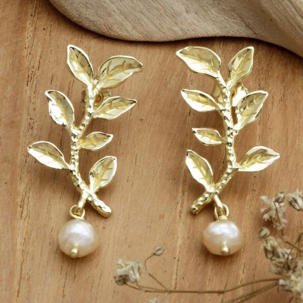 Alternate image for 18k Gold-Plated Dangle Earrings with Olive Leaves and Pearls Pearly Victory