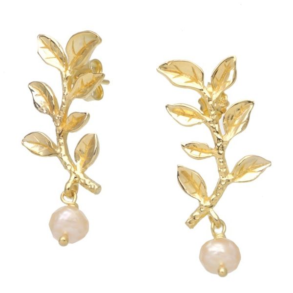 Alternate image for 18k Gold-Plated Dangle Earrings with Olive Leaves and Pearls Pearly Victory