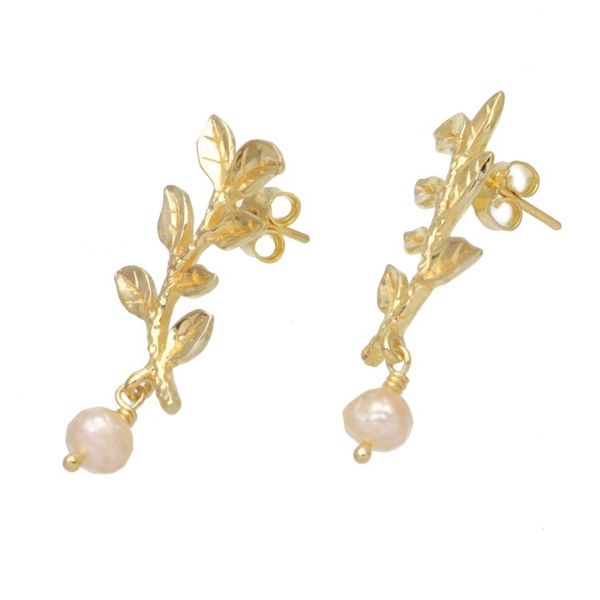 Alternate image for 18k Gold-Plated Dangle Earrings with Olive Leaves and Pearls Pearly Victory