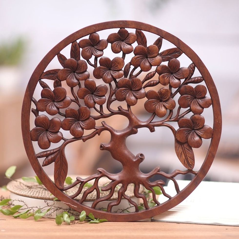 Brown Suar Wood Leafy Relief Panel Handcrafted in Bali 'Fertility Leaves'