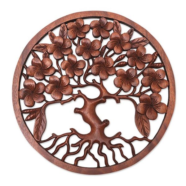 Alternate image for Brown Suar Wood Leafy Relief Panel Handcrafted in Bali Fertility Leaves