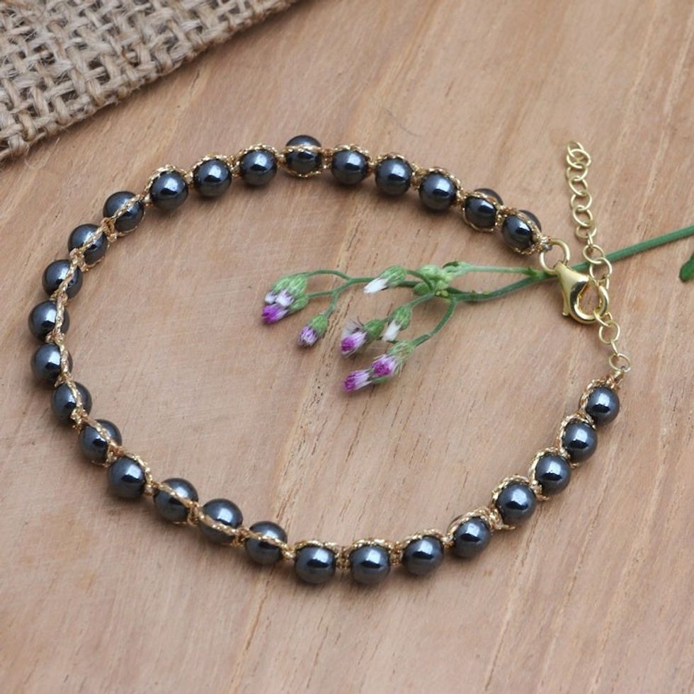 Artisan Crafted Hematite Bracelet 'Charcoal and Gold'