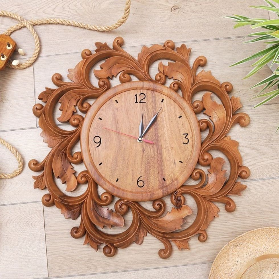 Hand-carved Wood Wall Clock from Bali 'Time to Blossom'