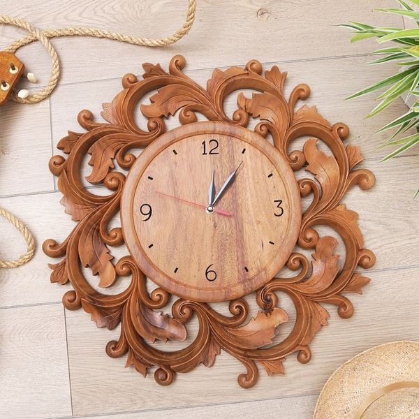 Alternate image for Hand-carved Wood Wall Clock from Bali Time to Blossom