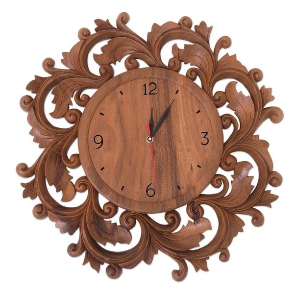 Alternate image for Hand-carved Wood Wall Clock from Bali Time to Blossom