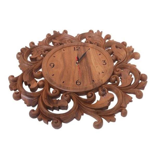 Alternate image for Hand-carved Wood Wall Clock from Bali Time to Blossom