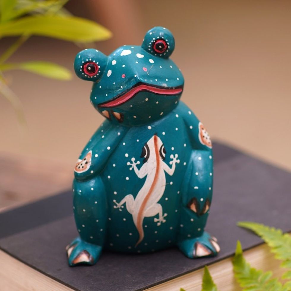Suar Wood Frog Statuette with Lizard Motif 'Daydreaming Frog'
