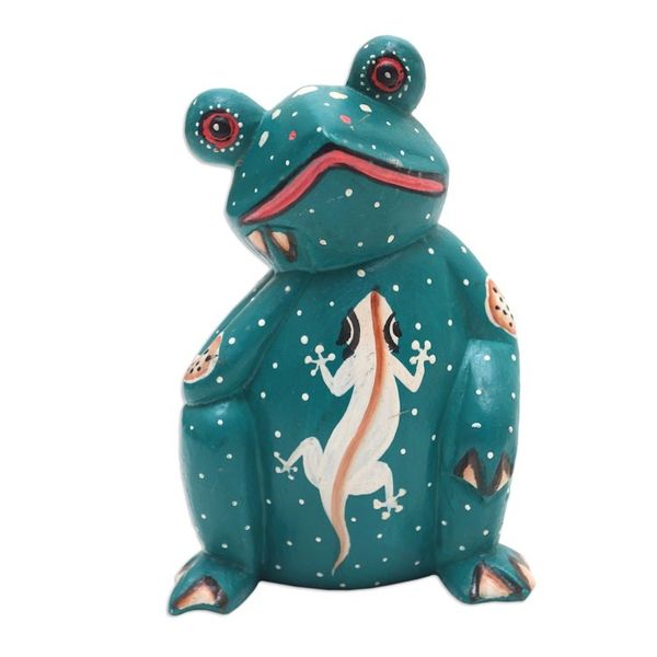 Alternate image for Suar Wood Frog Statuette with Lizard Motif Daydreaming Frog