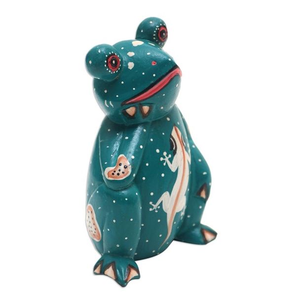 Alternate image for Suar Wood Frog Statuette with Lizard Motif Daydreaming Frog