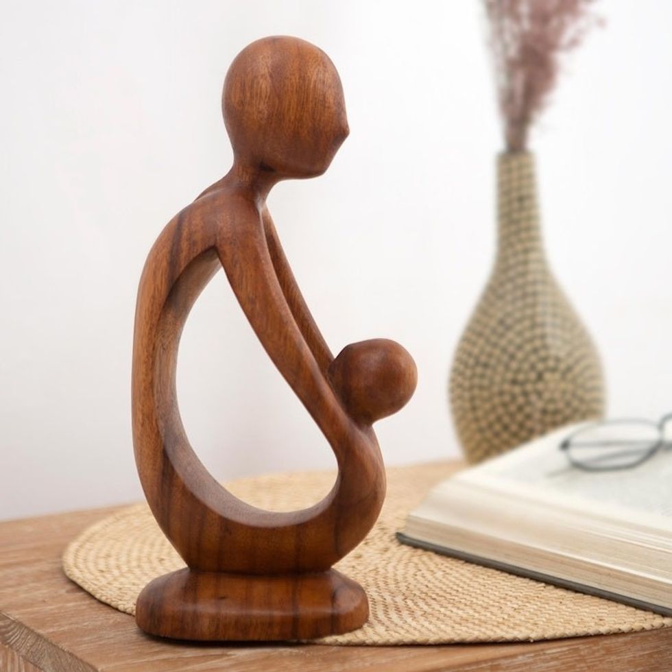 Father and Child Suar Wood Statuette from Bali 'Father's Love'