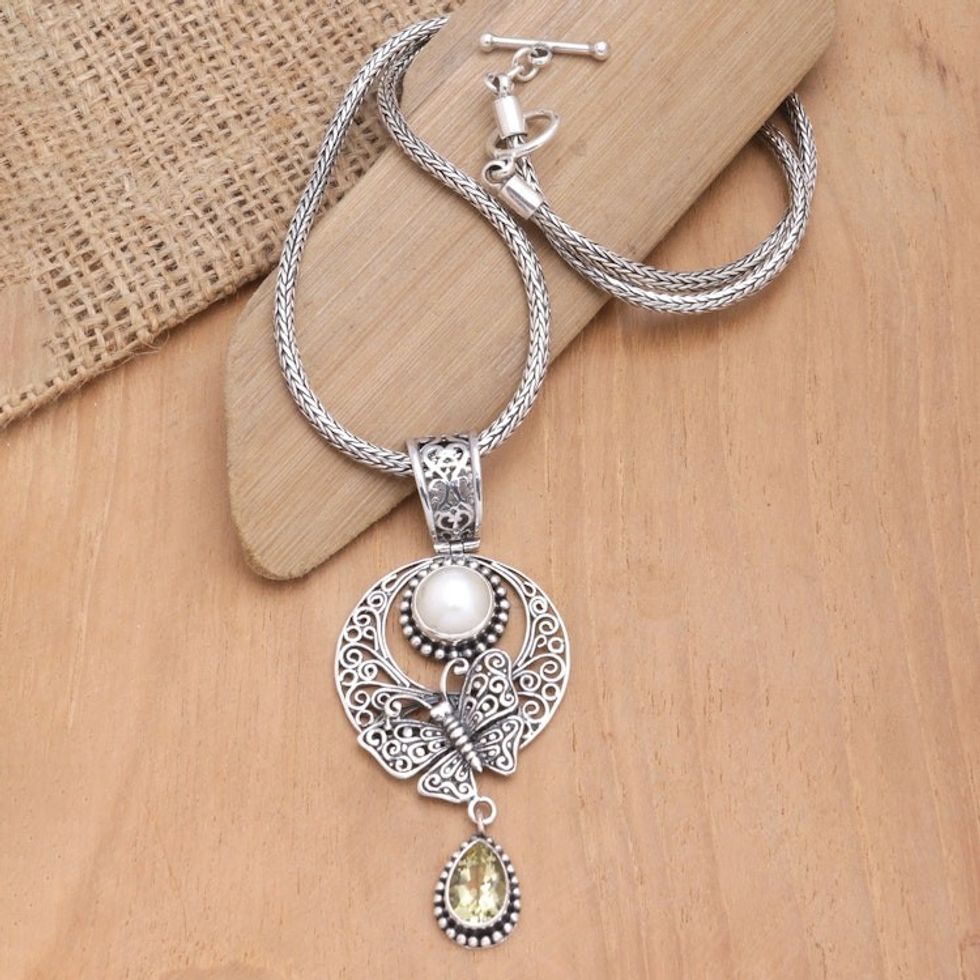 Sterling Silver Pendant Necklace with Citrine and Pearl 'Yellow Butterfly Teardrop'