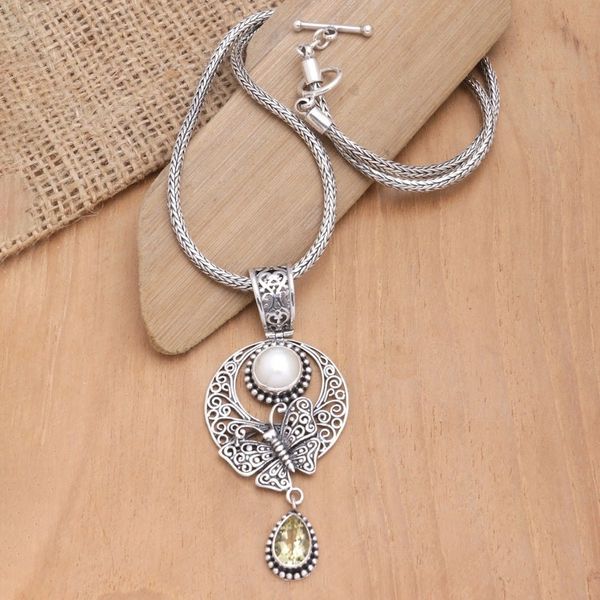 Alternate image for Sterling Silver Pendant Necklace with Citrine and Pearl Yellow Butterfly Teardrop