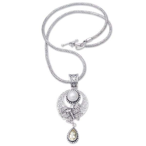 Alternate image for Sterling Silver Pendant Necklace with Citrine and Pearl Yellow Butterfly Teardrop