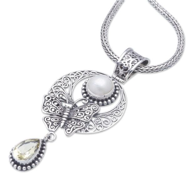 Alternate image for Sterling Silver Pendant Necklace with Citrine and Pearl Yellow Butterfly Teardrop