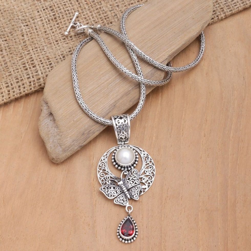 Sterling Silver Pendant Necklace with Garnet and Pearl 'Red Butterfly Teardrop'