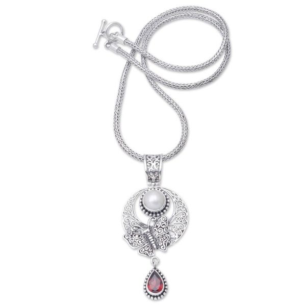 Alternate image for Sterling Silver Pendant Necklace with Garnet and Pearl Red Butterfly Teardrop