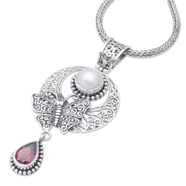Alternate image for Sterling Silver Pendant Necklace with Garnet and Pearl Red Butterfly Teardrop