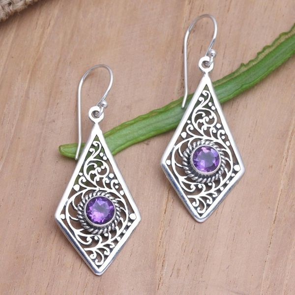 Alternate image for Amethyst and Sterling Silver Dangle Earrings from Bali Amethyst Swirls