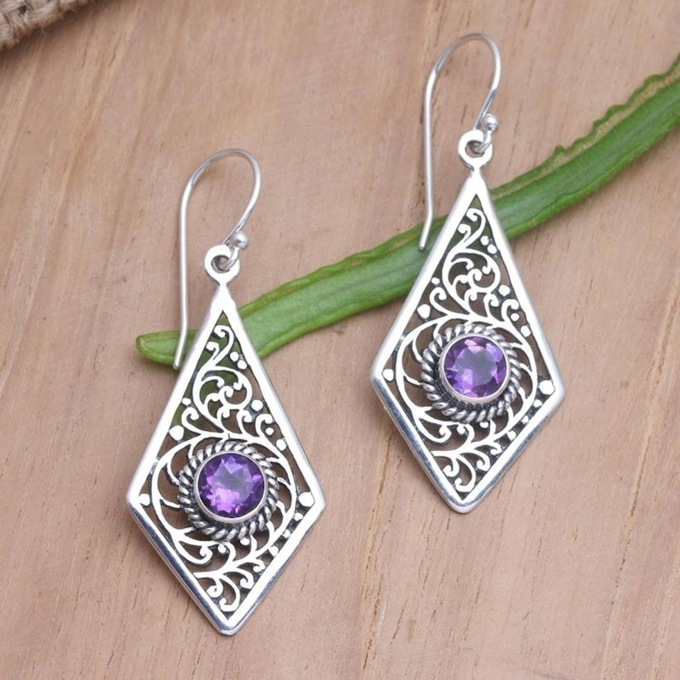 Amethyst and Sterling Silver Dangle Earrings from Bali 'Amethyst Swirls'