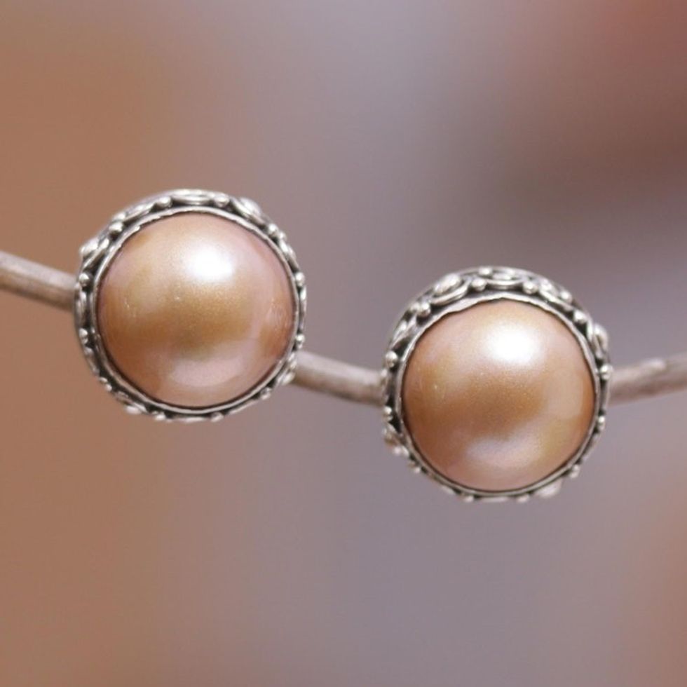 Balinese Sterling Silver Button Earrings with Golden Pearls 'Golden Pearl Trophy'