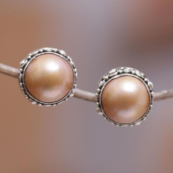 Alternate image for Balinese Sterling Silver Button Earrings with Golden Pearls Golden Pearl Trophy
