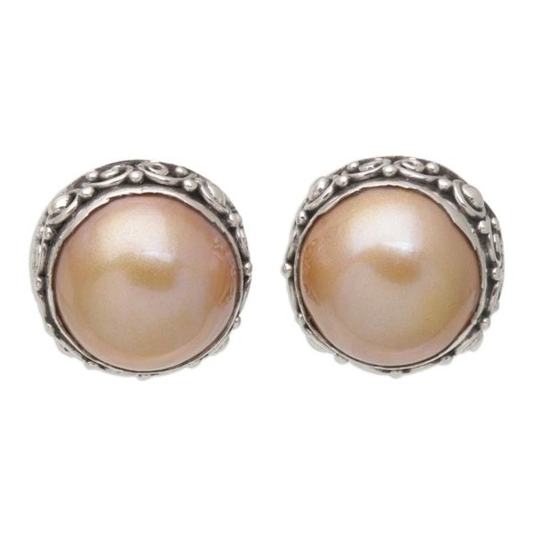 Alternate image for Balinese Sterling Silver Button Earrings with Golden Pearls Golden Pearl Trophy