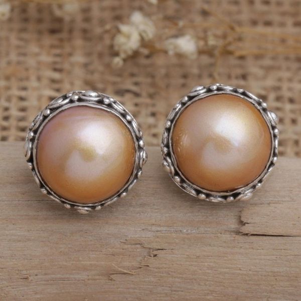 Alternate image for Balinese Sterling Silver Button Earrings with Golden Pearls Golden Pearl Trophy