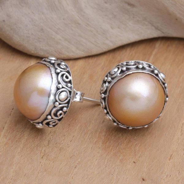 Alternate image for Balinese Sterling Silver Button Earrings with Golden Pearls Golden Pearl Trophy