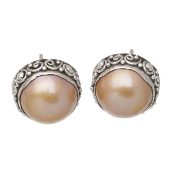 Alternate image for Balinese Sterling Silver Button Earrings with Golden Pearls Golden Pearl Trophy