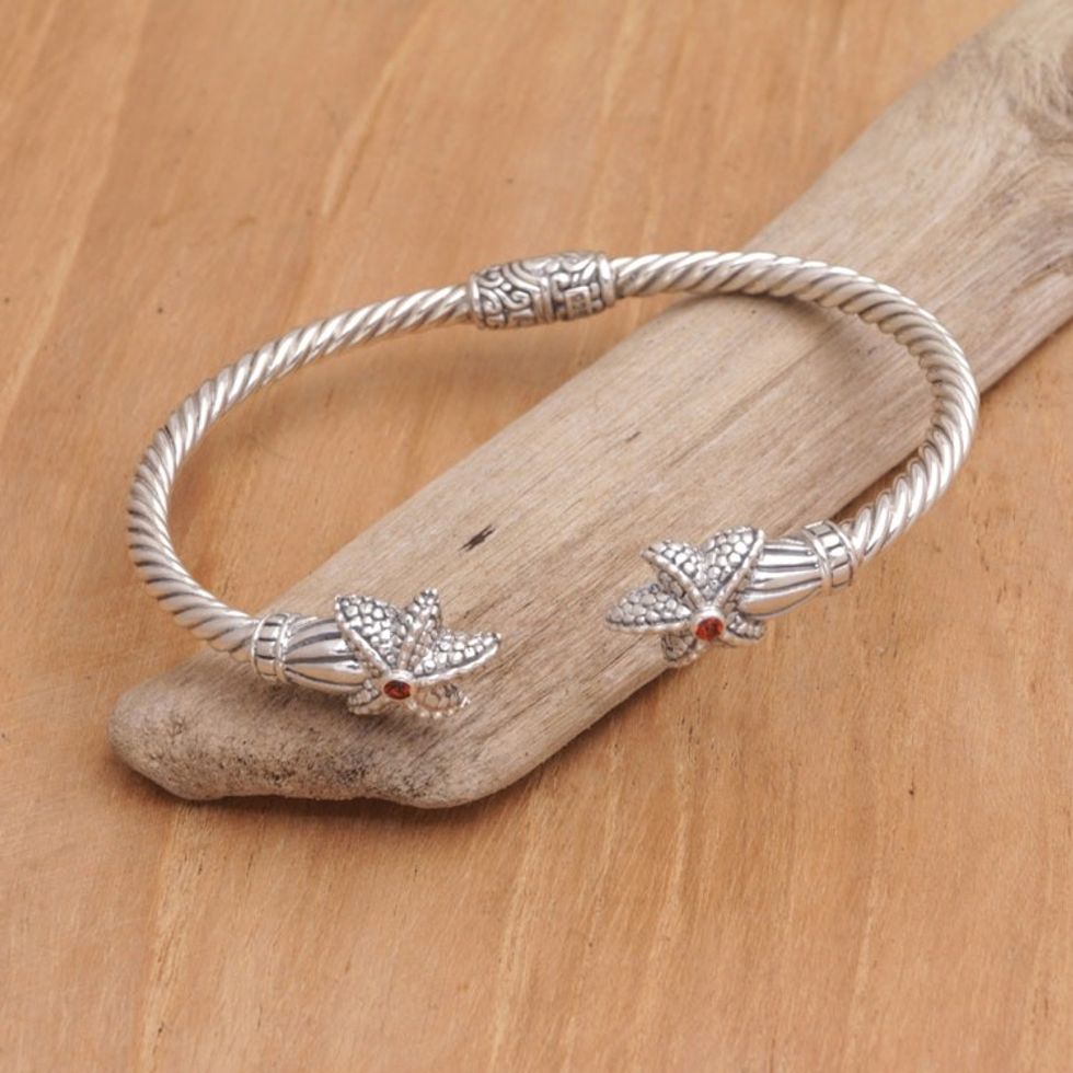 Handmade Garnet Cuff Bracelet with Balinese Artisan Silver 'Twin Starfish in Red'