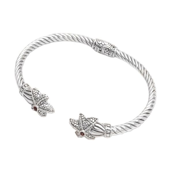 Alternate image for Handmade Garnet Cuff Bracelet with Balinese Artisan Silver Twin Starfish in Red