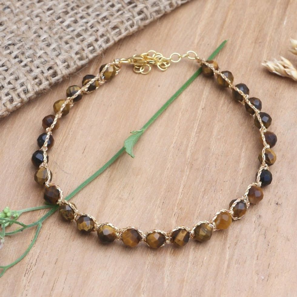 18k Gold-Accented Tiger's Eye Bracelet 'Brown and Gold'