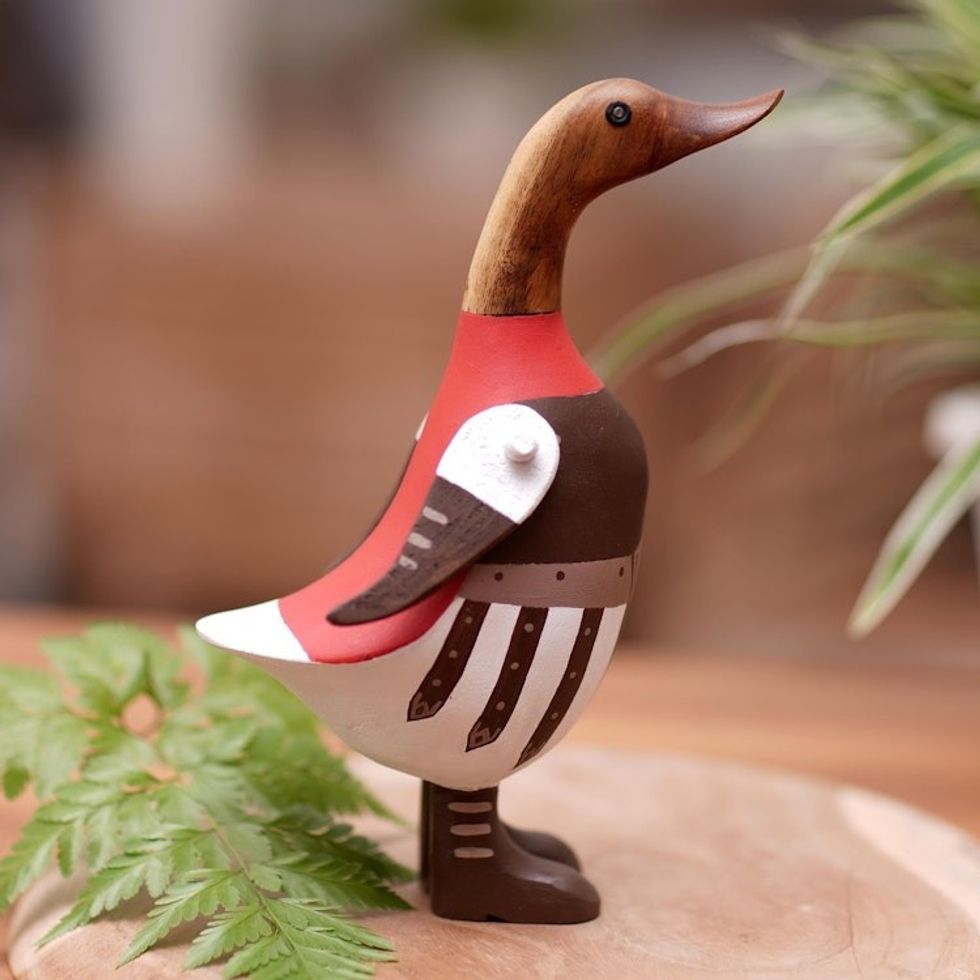 Bamboo and Teak Wood Duck Sculpture in Roman Attires 'Soldier Duck of Rome'