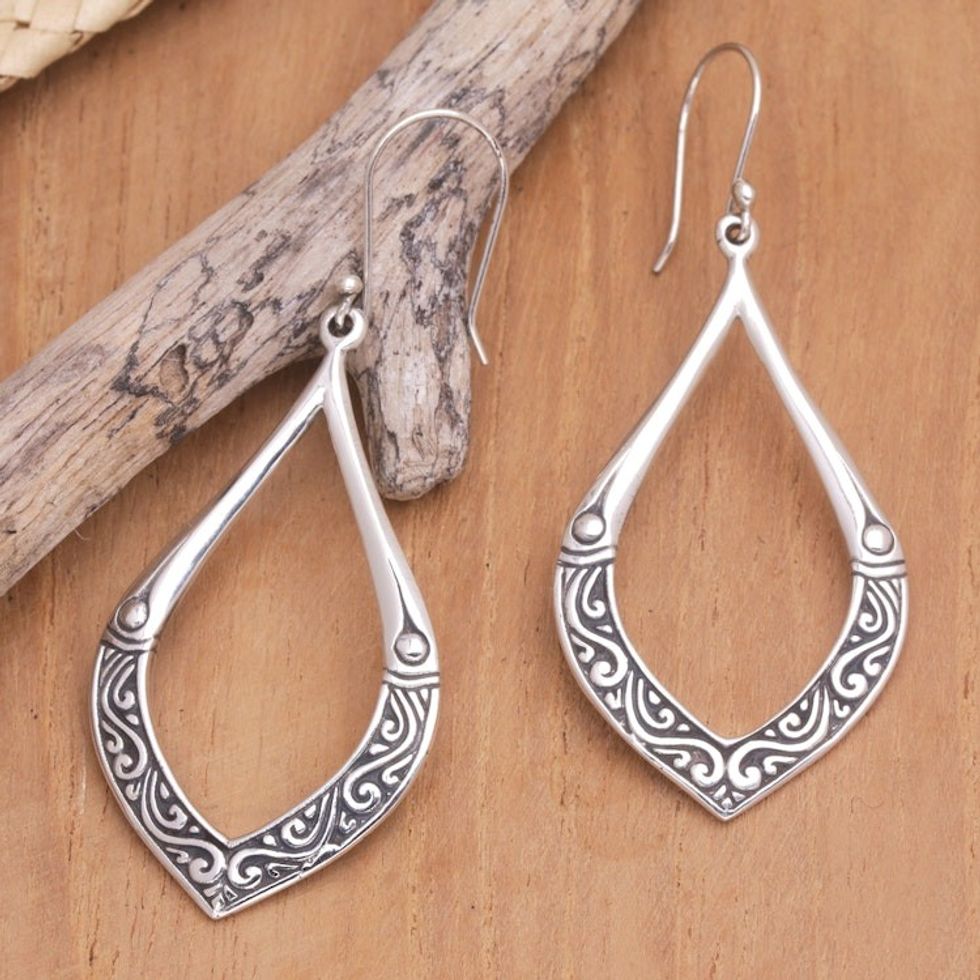 Sterling Silver Leaf Dangle Earrings with Traditional Motifs 'Bali's Leaf'