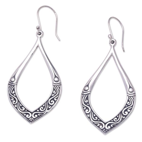 Alternate image for Sterling Silver Leaf Dangle Earrings with Traditional Motifs Balis Leaf