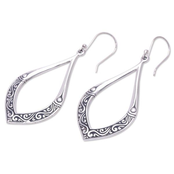 Alternate image for Sterling Silver Leaf Dangle Earrings with Traditional Motifs Balis Leaf