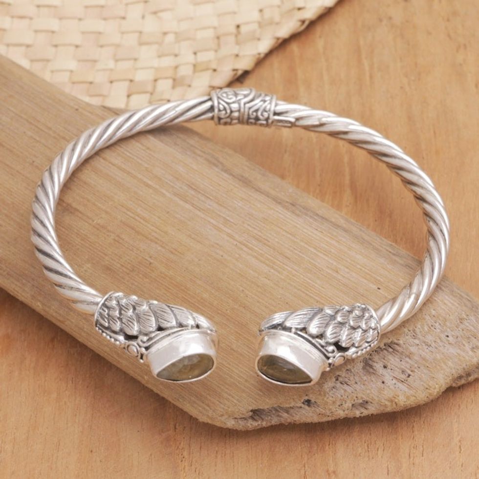 Sterling Silver Cuff Bracelet with Citrine Stones 'Stylish Citrine Feathers'