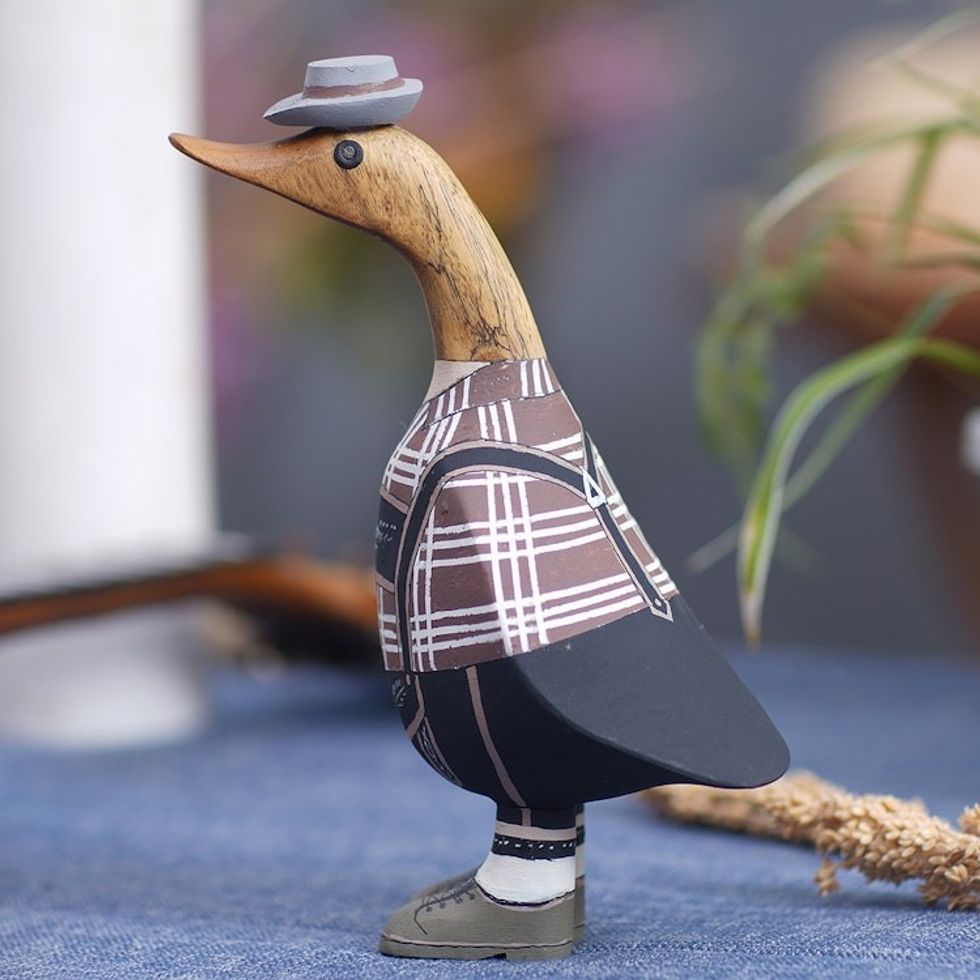 Bamboo and Teak Wood Duck Sculpture in German Garments 'Mister Duck in Germany'
