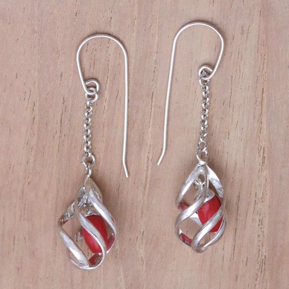 Sterling Silver Red Bead Accent Dangle Earrings 'Red Cocoon'