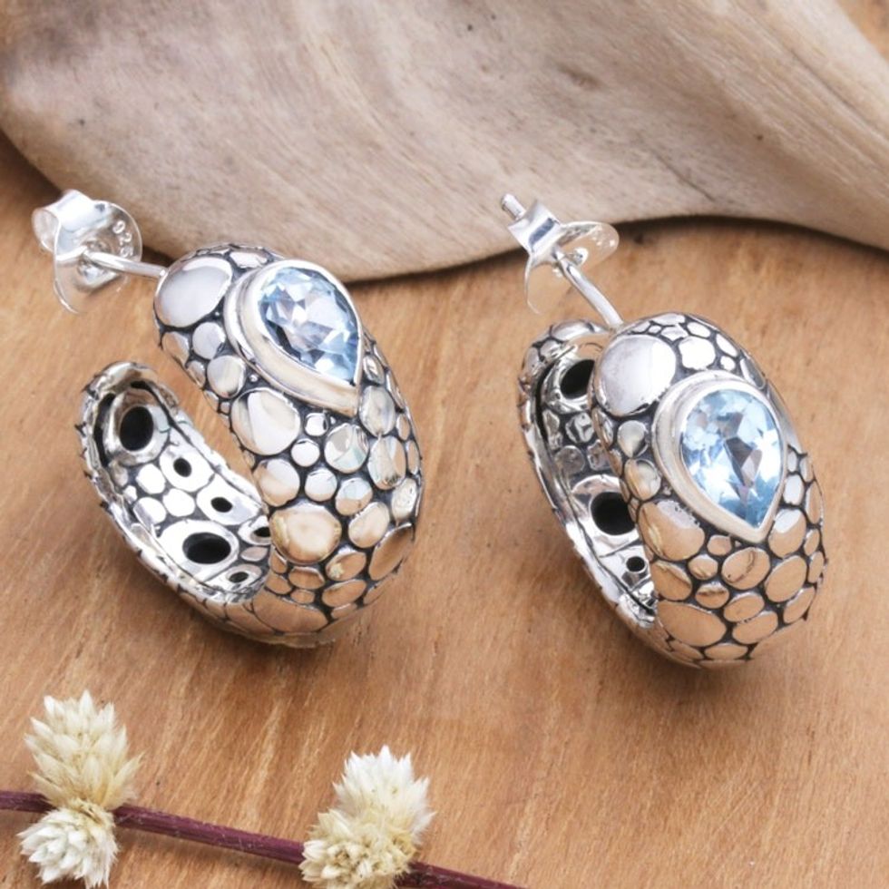 Half-Hoop Earrings with Two-Carat Faceted Blue Topaz Jewels 'Harmonious Ocean'