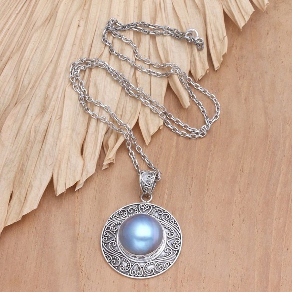 Polished Sterling Silver Pendant Necklace with Blue Pearl 'Peace from the Sea'