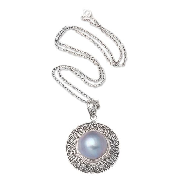 Alternate image for Polished Sterling Silver Pendant Necklace with Blue Pearl Peace from the Sea