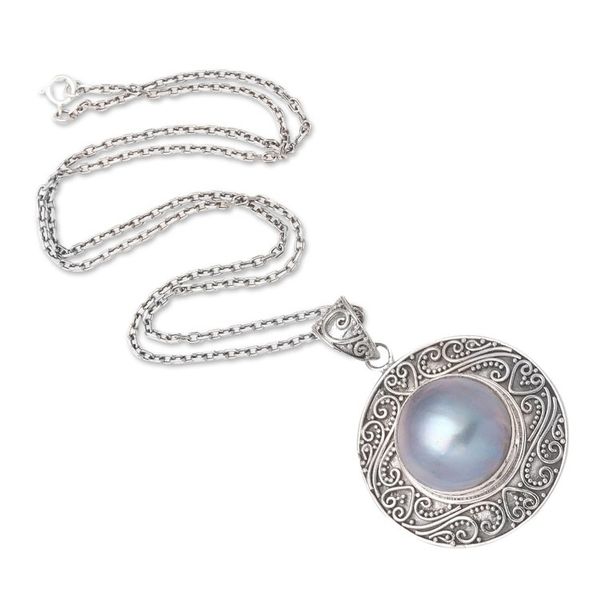 Alternate image for Polished Sterling Silver Pendant Necklace with Blue Pearl Peace from the Sea
