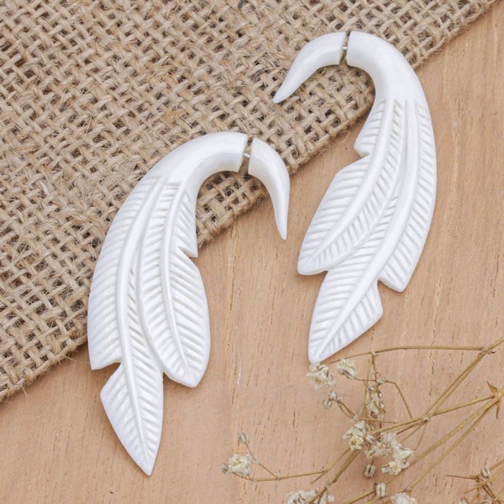 Balinese Hand-Carved Drop Earrings with Leafy Design 'Leafy Luminosity'